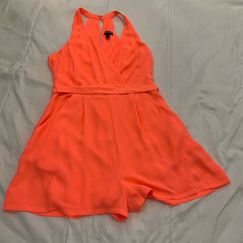 Neon Coral Surplice Romper
